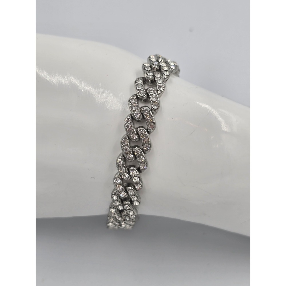 Iced Out‎ Cuban Link Chain Bracelet Silver Tone Pave CZ Fashion Bling Bracelet